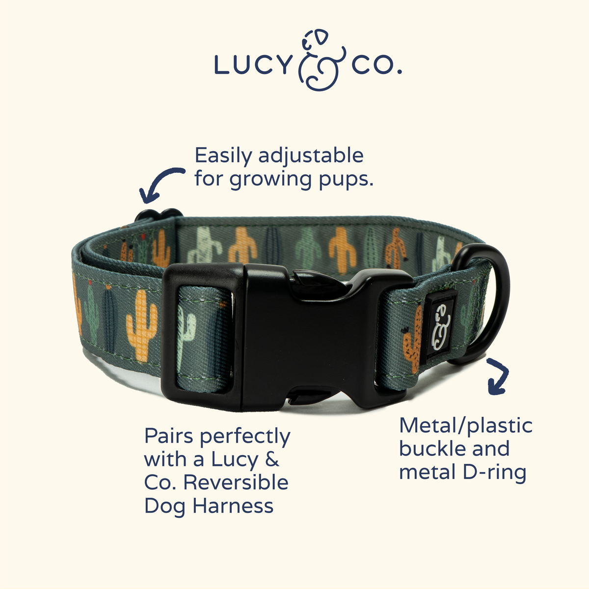Close up of camo dog collar with black buckle and metal D ring
