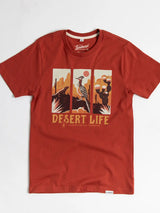 Red Desert Life T-shirt laid flat showing a three panel desert scene graphic.