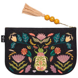 Black Amulet zip pouch with vivid embroidered scarab beetle and floral motifs and an orange beaded tassel zipper pull.