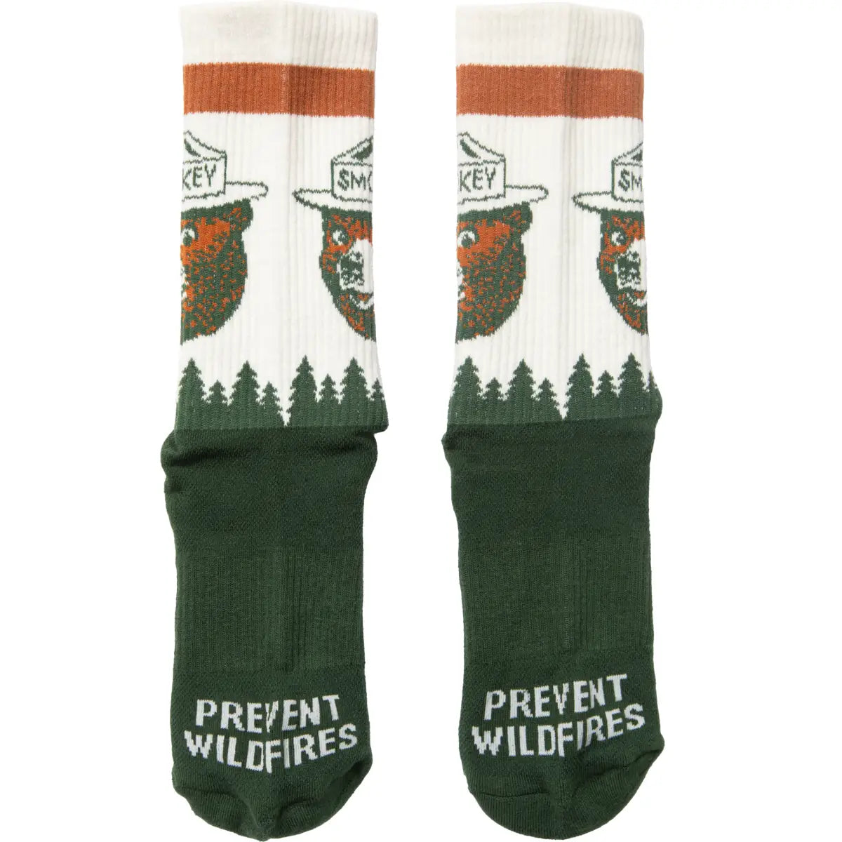 Pair of crew socks with white upper, orange stripe at the top, forest edge design and green foot with Prevent Wildfires on the toe.