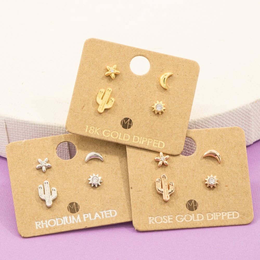Gold Dipped Mini Cactus Flower Stud Earrings Set