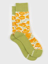 Poppies Socks featuring orange flower print on white with sage green cuffs