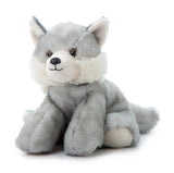 8 inch Wild Onez Grey Wolf Plushie with soft grey fur and white muzzle, seated facing forward