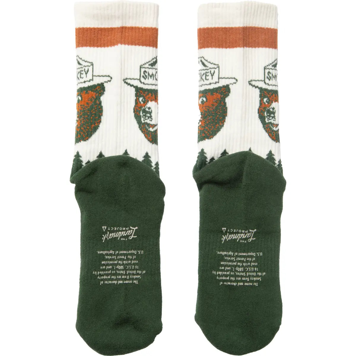 Pair of Smokey Bear forest pattern socks with white tops and dark green feet