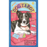 Dog Tarot Cards deck cover showing a black and white dog on a red couch with colorful cards and a blue border