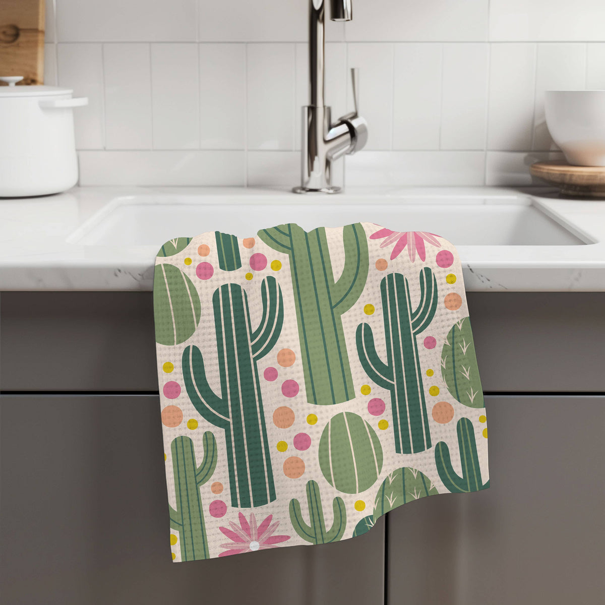 Whimsical Cacti Waffle Hand Towel