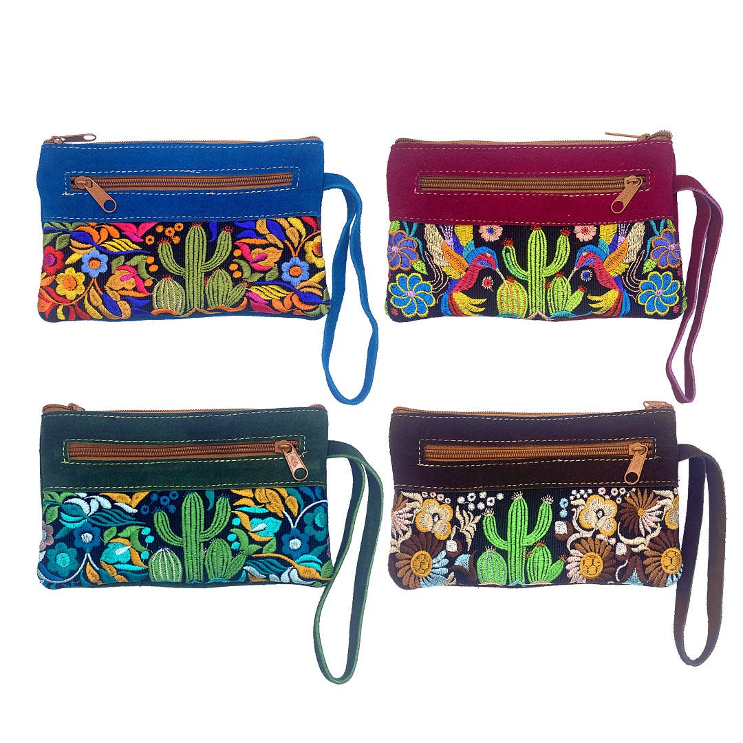 Embroidered Floral Cactus Suede "Beca" Purse Wristlet Bag