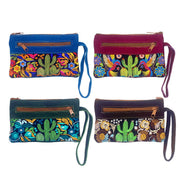 Embroidered Floral Cactus Suede "Beca" Purse Wristlet Bag