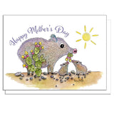 Whimsical Mother's Day card showing a mother boar and two piglets beside cacti under a sun