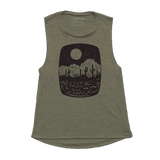 Heather olive ladies tank top with a desert night scene showing mountains, cacti and a moon
