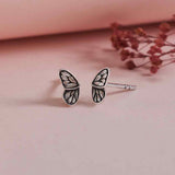 Silver butterfly wing stud earrings with veined pattern