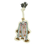 White rope dog toy with a knotted top and frayed ends