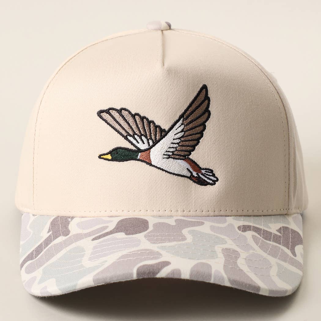 Beige trucker hat with flying mallard embroidery and camouflage brim