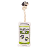 Beer can themed rope dog toy with a knotted rope top and paw print design.