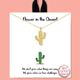 Gold dipped cactus pendant on a chain displayed on a white card with 18K GOLD dipped stamp