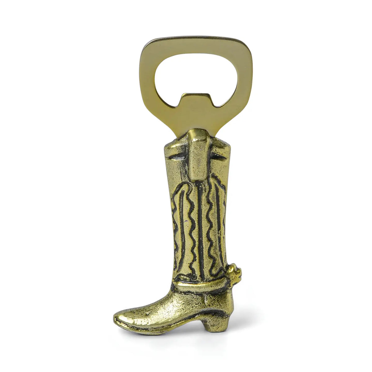 Gold metal cowboy boot bottle opener with decorative stitching and a large bottle opener at the top