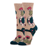 Beige Sombrero themed crew socks with pink flowers cactus pattern and teal accents