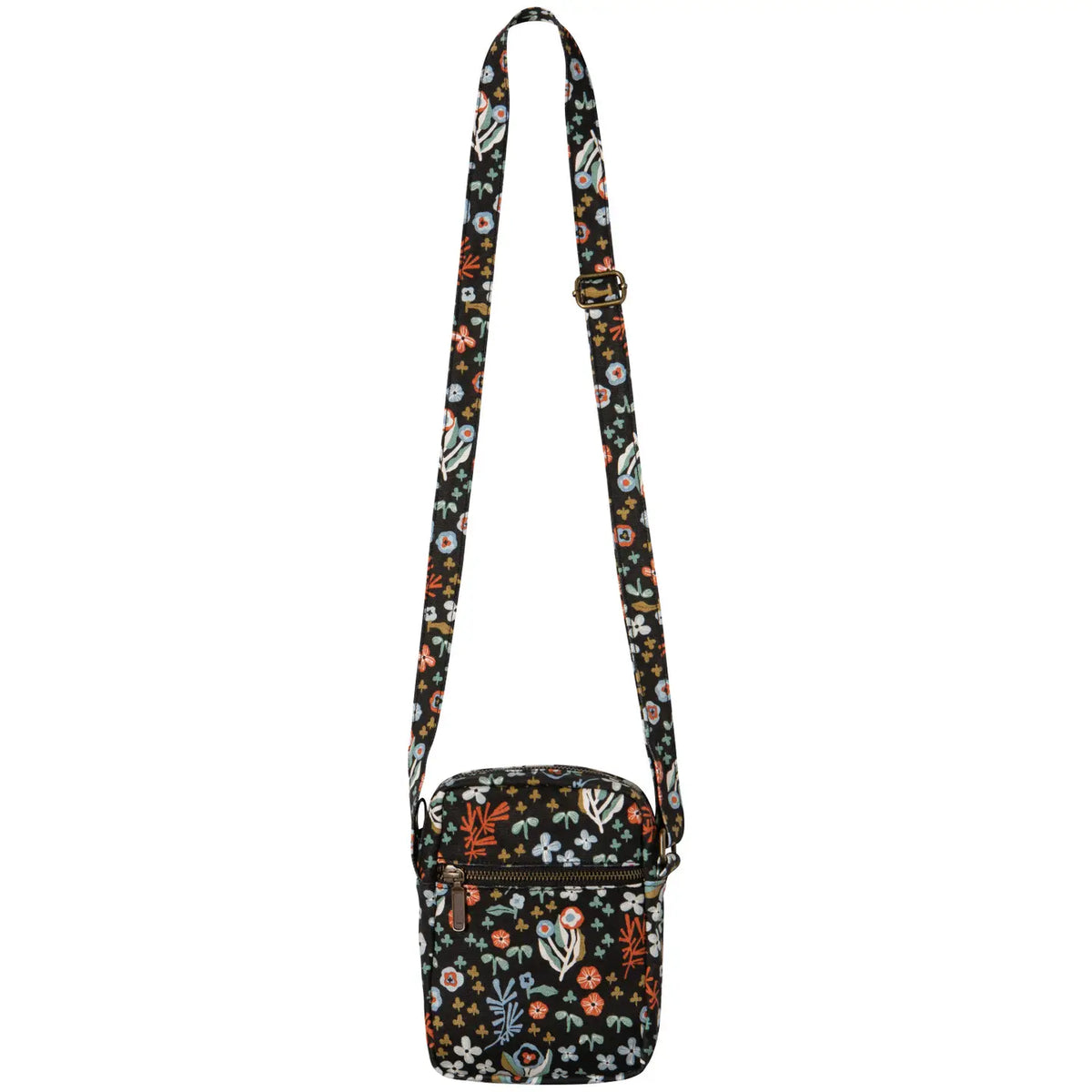 Dogwood crossbody bag with a long floral strap on a black background