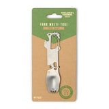 Fork multi tool packaged on green and tan card showing a foldable stainless steel utensil with a fork and spoon