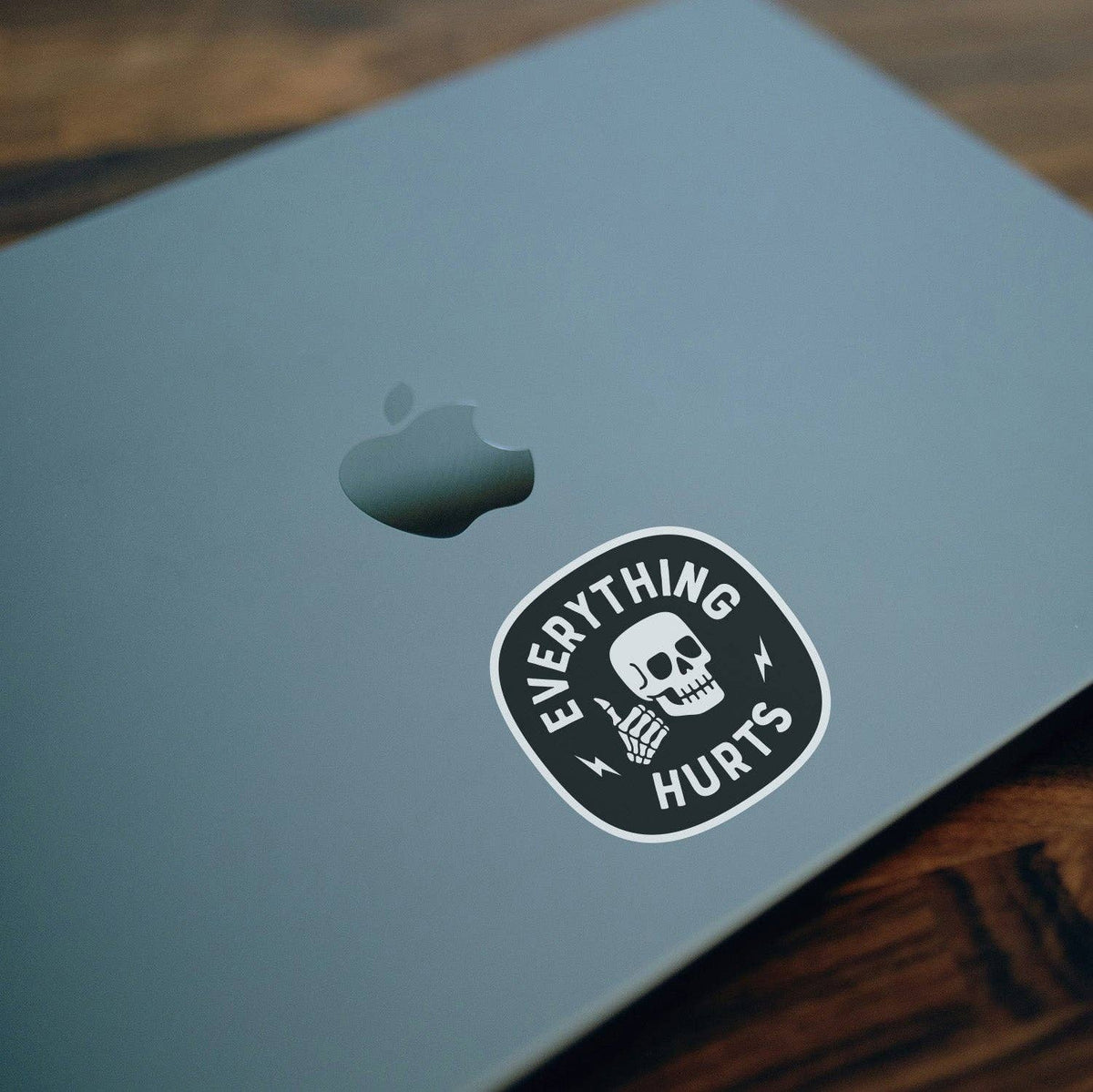 Close up of a silver MacBook lid with a black circular Everything Hurts sticker featuring a skull