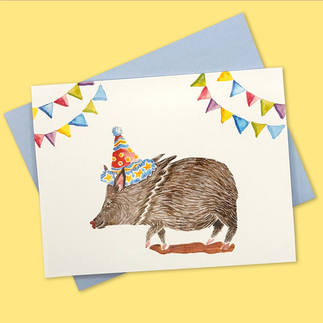 Javelina in A Birthday Hat Blank A2 Single Note Card