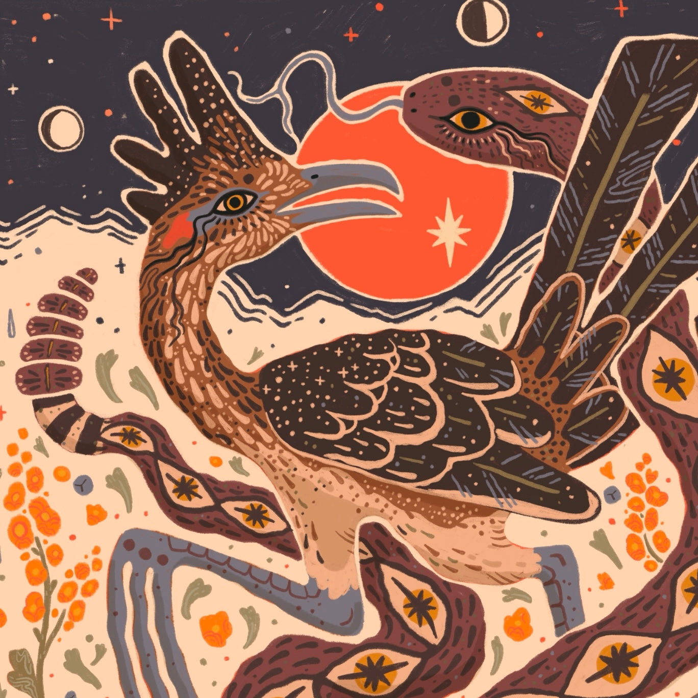 Desert Dance Roadrunner & Rattlesnake - 8x8 Art Print