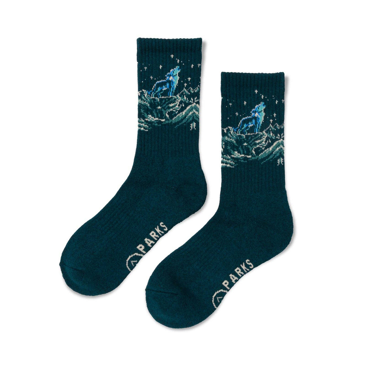 Pair of teal Howling Wolf Trail Socks featuring a howling wolf and mountain scene