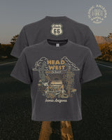 Back view of a dark gray Head West Ladies Boxy Crop Route 66 T shirt with a Route 66 shield logo on the back.