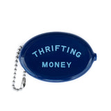 Blue oval coin pouch with a silver ball chain and Thrifting Money text