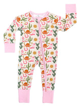 Hey Y'all bamboo long sleeve onesie with pink cuffs and desert print