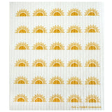Sun Filled Swedish Dishcloth featuring rows of orange sun icons on a white textured background.