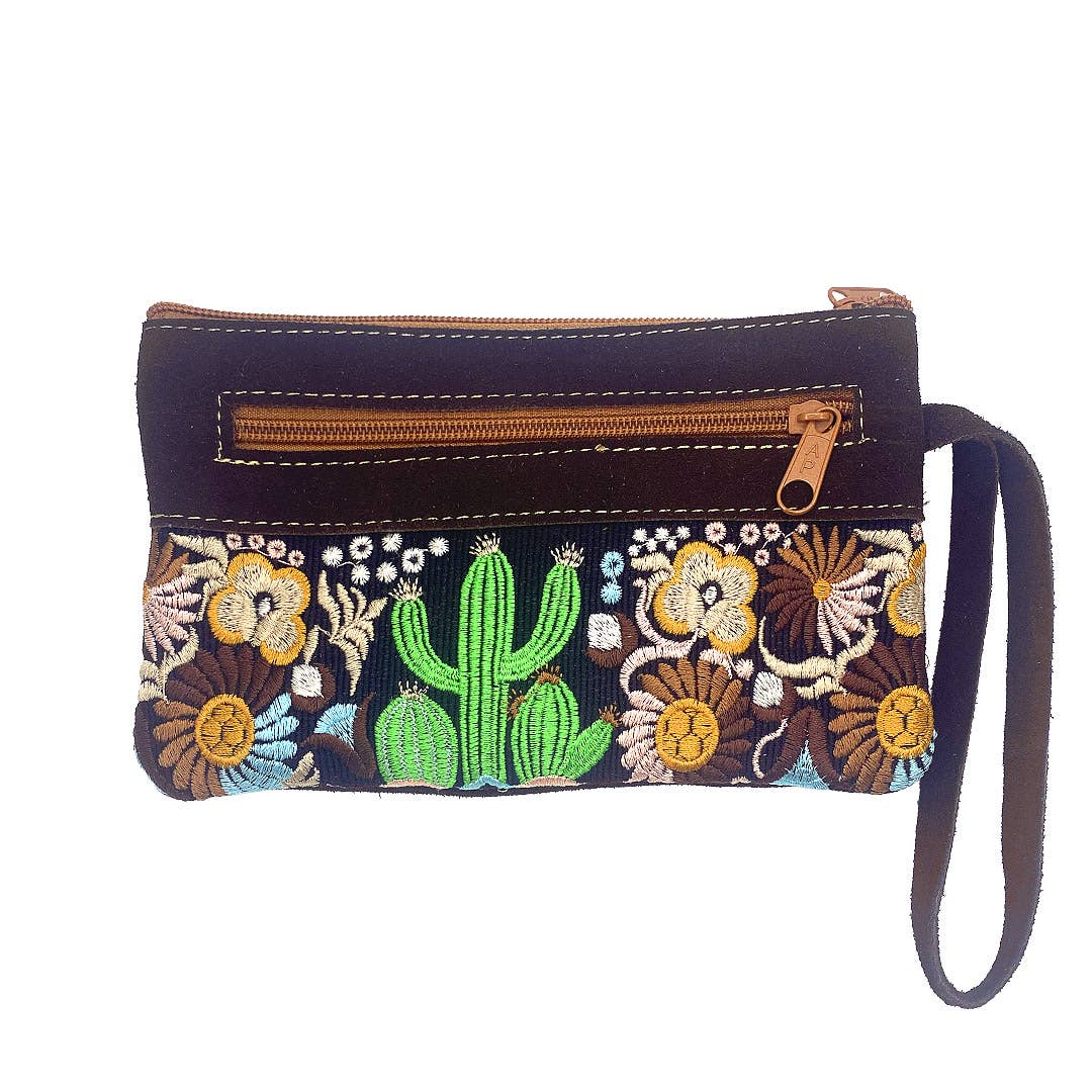 Embroidered Floral Cactus Suede "Beca" Purse Wristlet Bag