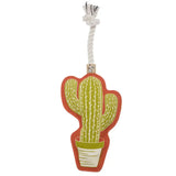 Cactus shaped plush dog toy with rope handle and orange edge