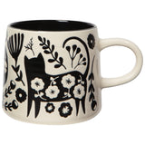 Catbloom Imprint Mug with bold black botanical cat and flowers on cream glaze