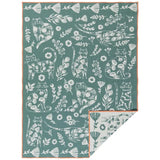 Catbloom double cloth dish towel in teal with white cat and floral motifs and orange edge