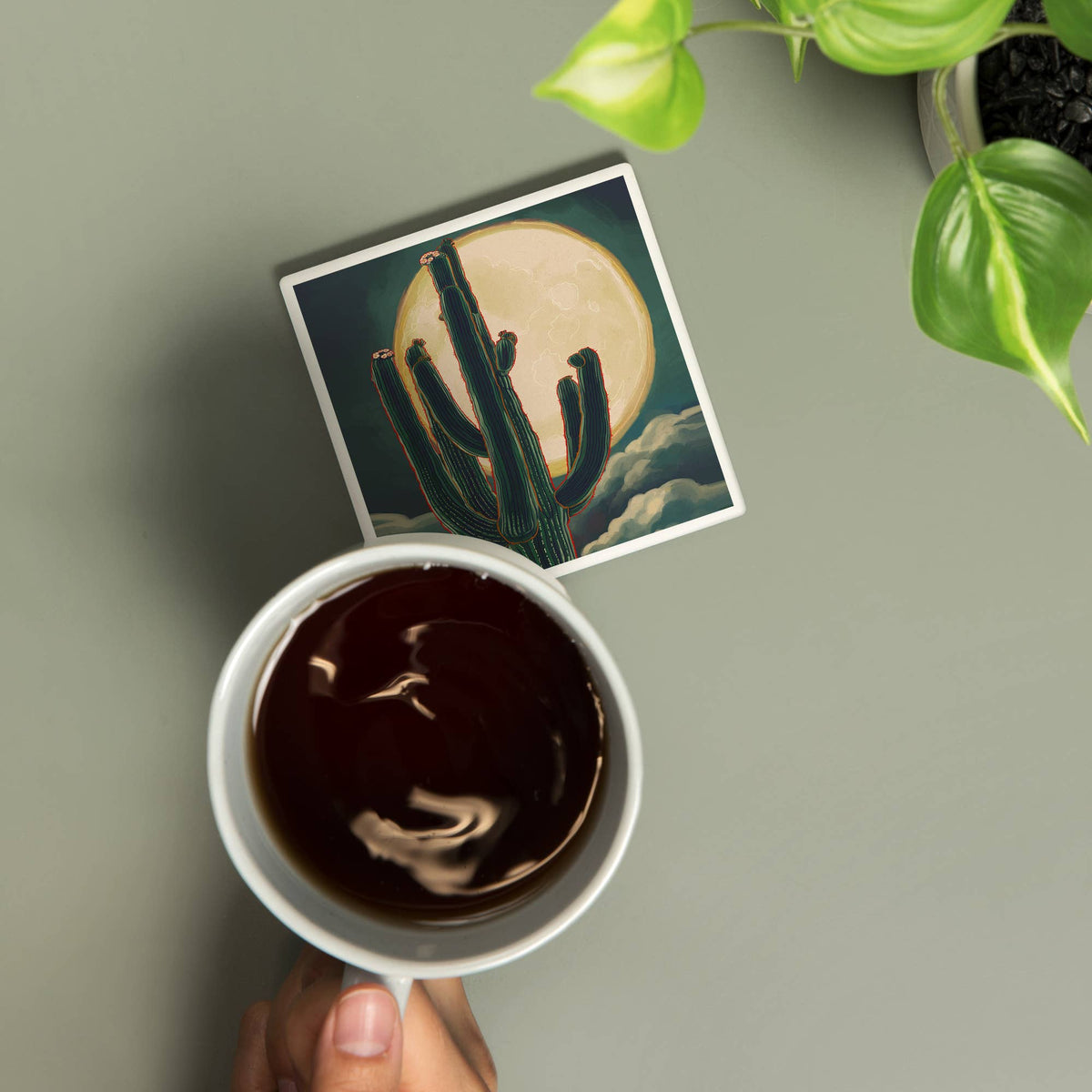 Cactus & Full Moon Ceramic Coaster
