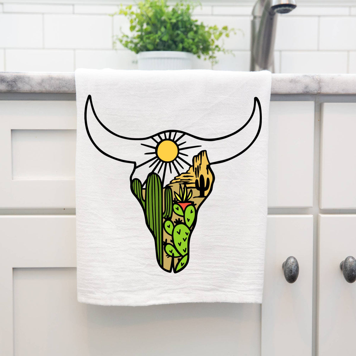 Longhorn Desert Scene Tea Towel