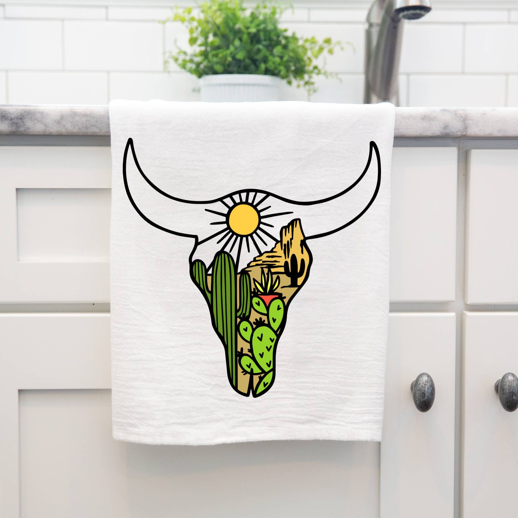 Longhorn Desert Scene Tea Towel