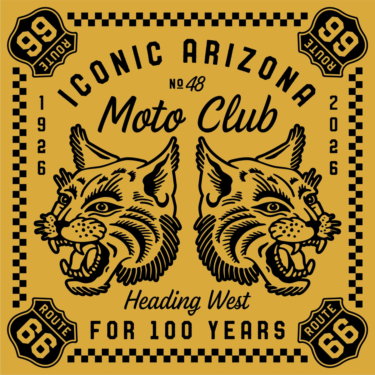 Close up of yellow bandana featuring twin snarling dogs and Route 66 emblems with Heading West text.