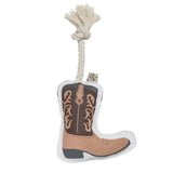 Cowboy boot rope dog toy featuring a brown and tan boot pattern.