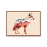 Framed watercolor art print of a coyote with a desert landscape inside, featuring cacti and distant mountains.