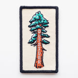 Outsider Sequoia patch showing a turquoise evergreen on an orange trunk with SEQUOIA lettering on beige fabric with a dark border
