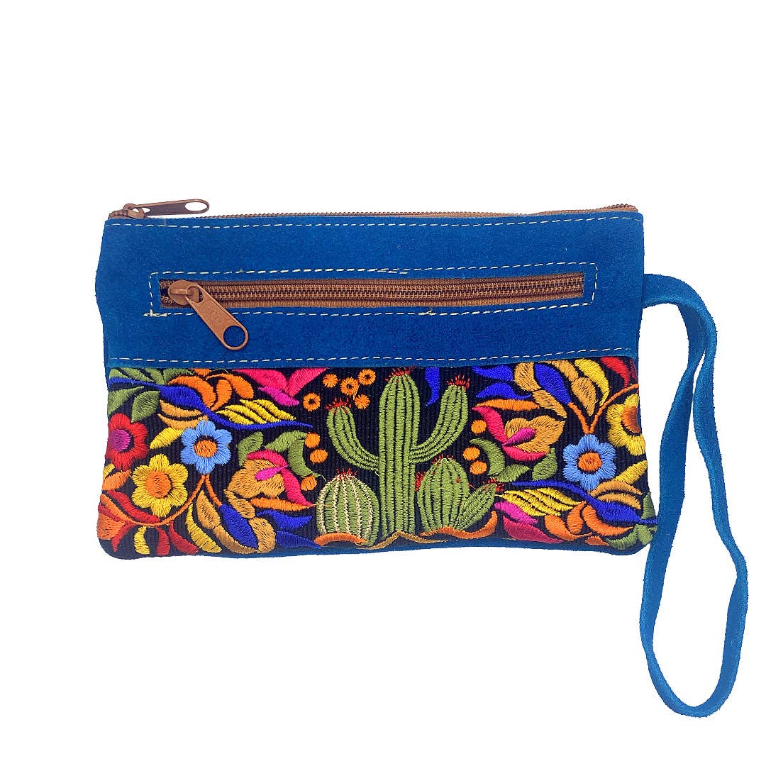 Embroidered Floral Cactus Suede "Beca" Purse Wristlet Bag
