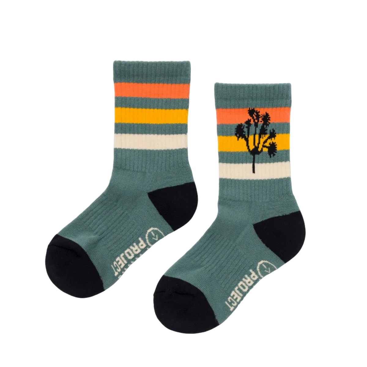 Two teal Joshua Tree Trail Socks with orange stripes and palm tree pattern
