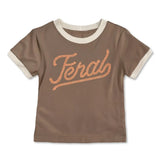 Taupe toddler tee with cream collar and cuffs and peach rope script logo on the front.