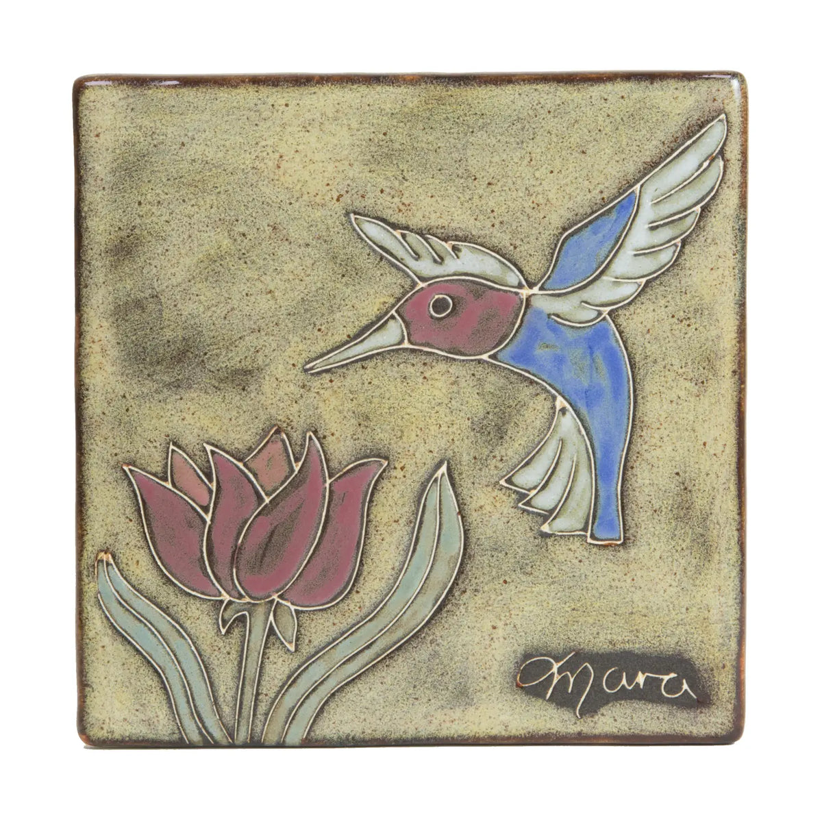 Six inch ceramic trivet featuring a blue and purple hummingbird and a flower on a beige speckled glaze