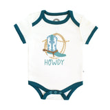 White baby onesie with teal trim featuring a turquoise boot and lasso graphic and the word HOWDY