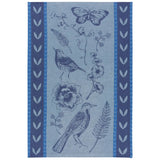 Blue Juliette Jacquard dishtowel featuring birds and botanical drawings.