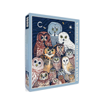 Jigsaw puzzle box showing a crowded owl illustration against a deep blue night sky