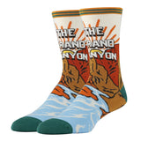 Grand Canyon themed crew socks with orange canyon rocks, blue river pattern, teal toes and heels.